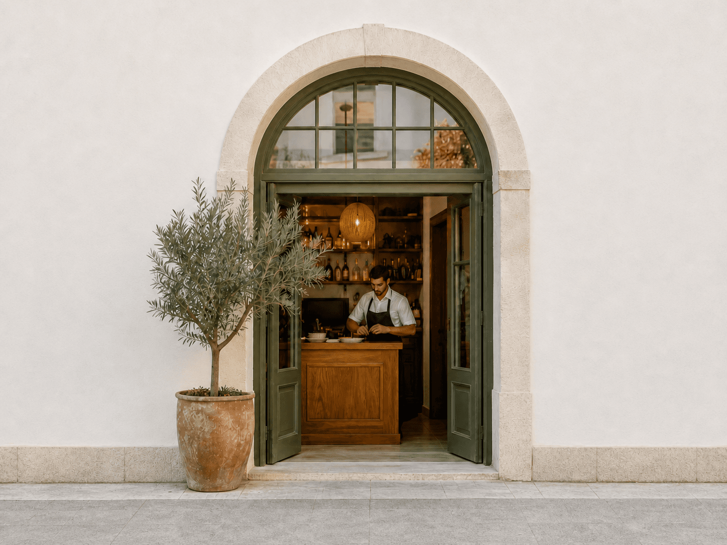 La entrada de un único restaurante con el equipo trabajando en su interior.