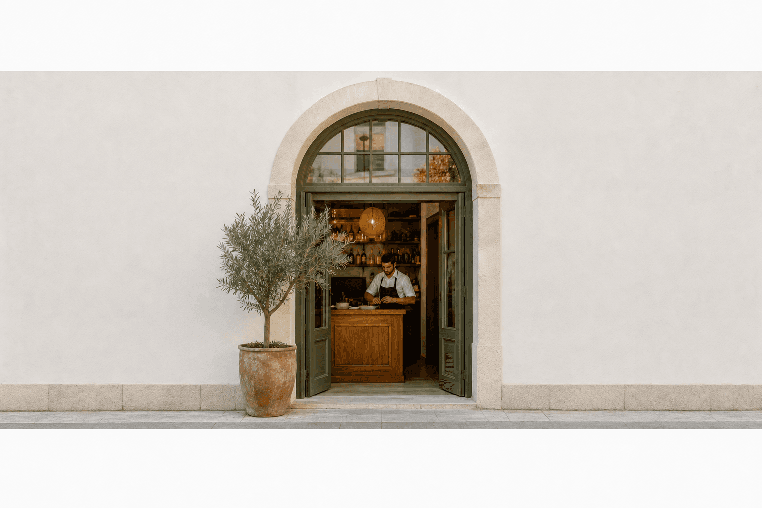 La entrada de un único restaurante con el equipo trabajando en su interior.