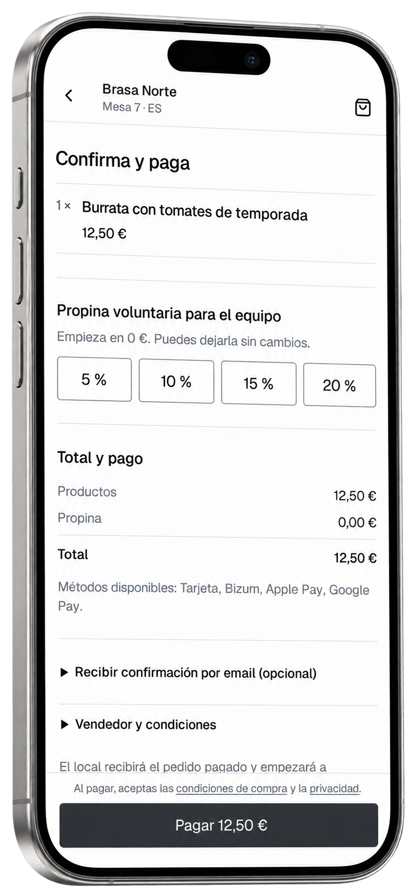 Pantalla de confirmación del pedido y pago de ComandaPay