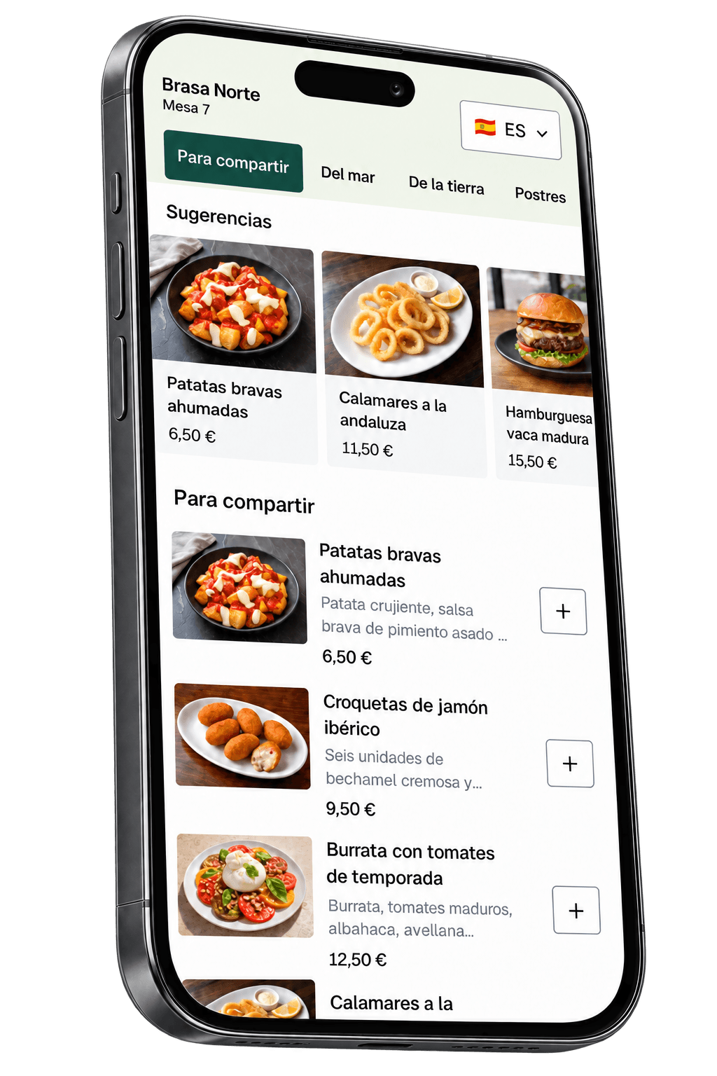 Carta de ComandaPay para el restaurante ficticio Brasa Norte