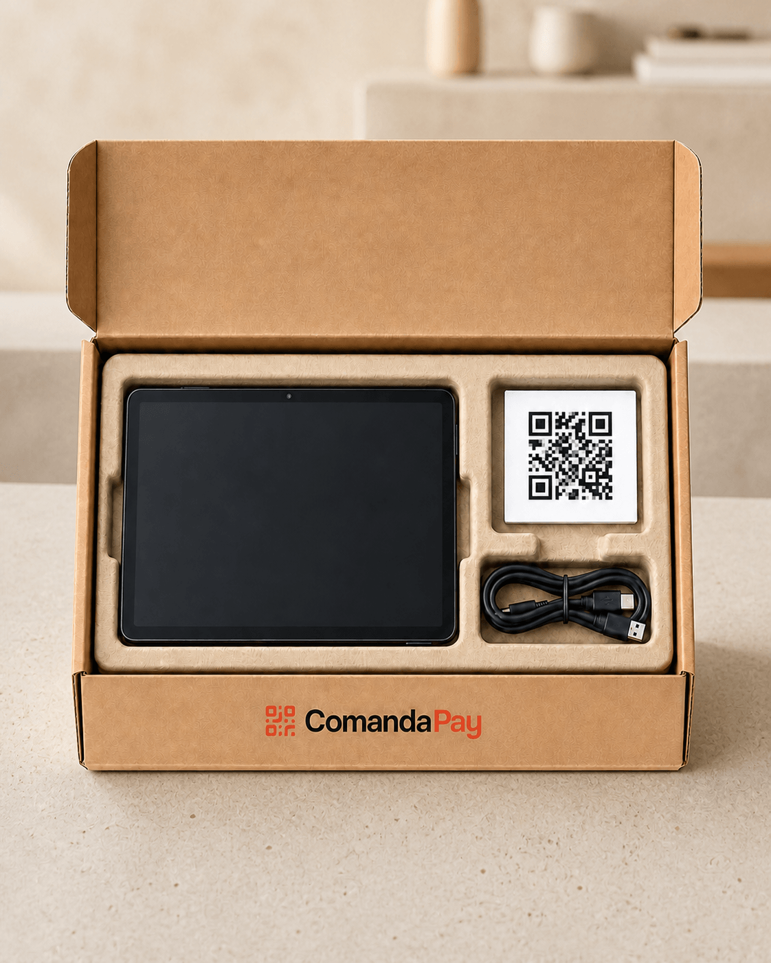 Kit de instalación de ComandaPay abierto con tablet, pegatina QR y cable.